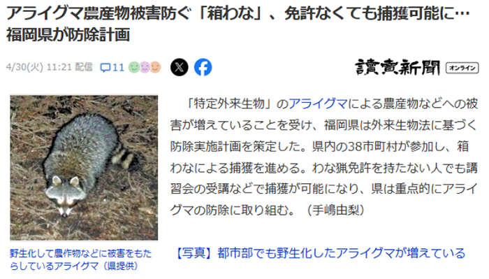 アライグマ被害記事